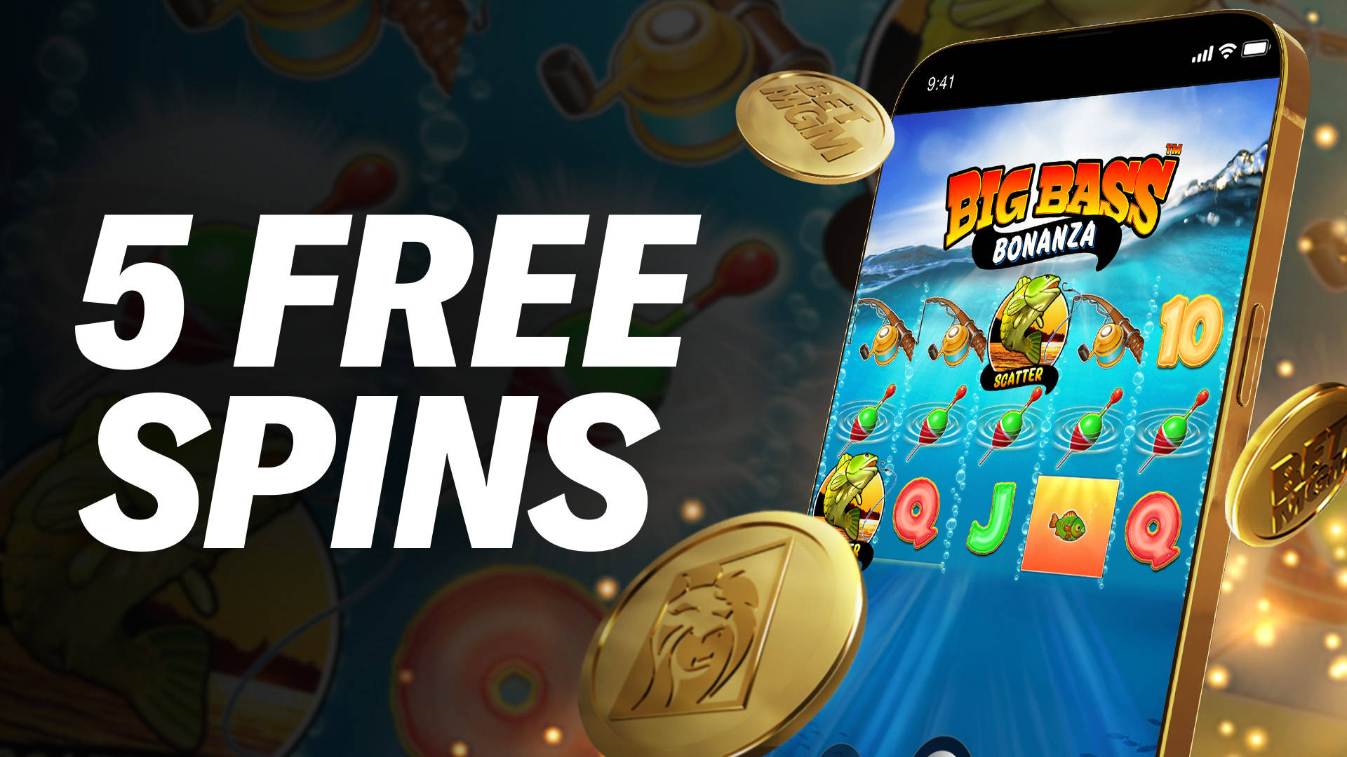 Image promoting 5 Free Spins on the Big Bass Bonanza slot game on a mobile phone.