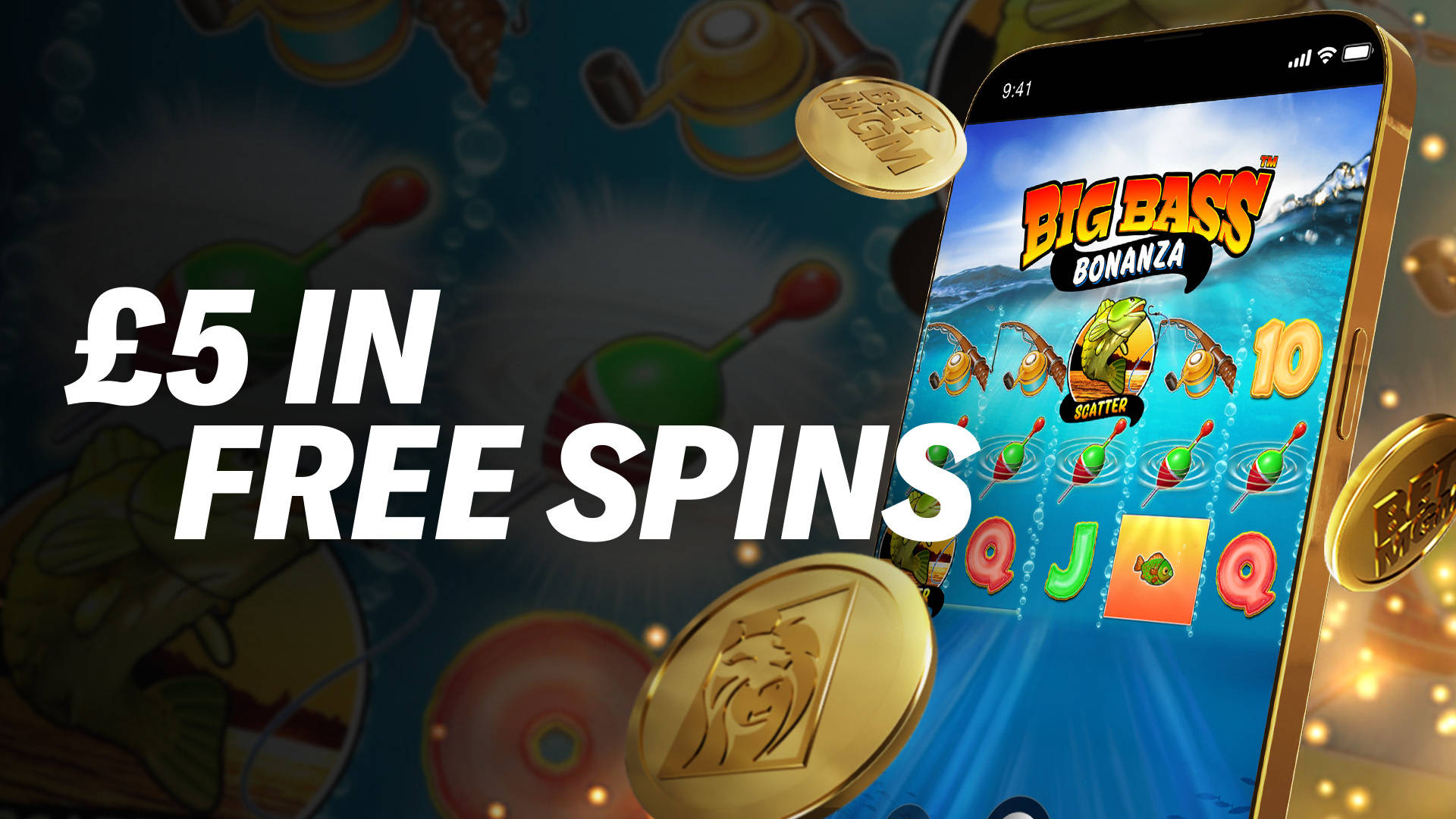 £5 in Free Spins offer on a mobile phone displaying the Big Bass Bonanza game.